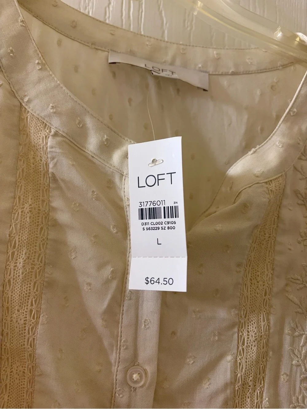 LOFT Cream Embroidered Pintuck Short Sleeve Blouse